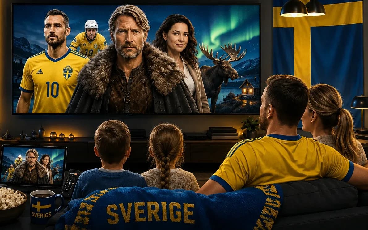 Svensk familj ser sport, film och serier tillsammans i vardagsrummet med StreamIPTVSE